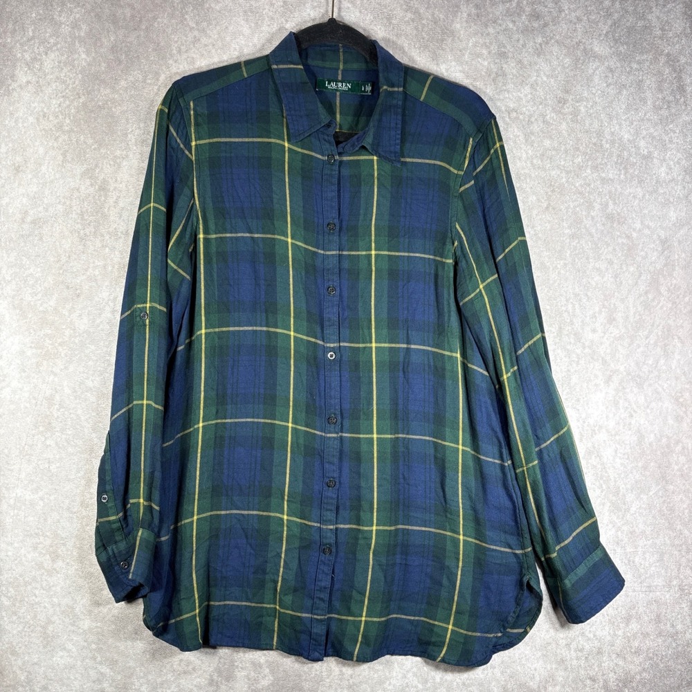 Lauren Ralph Lauren Button Down Shirt Womens L Green Plaid Long Sleeve Roll Tab
